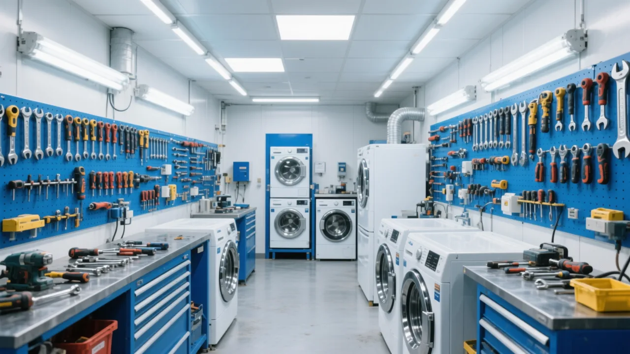 Oficina de assistência técnica de máquinas de lavar, organizada e equipada